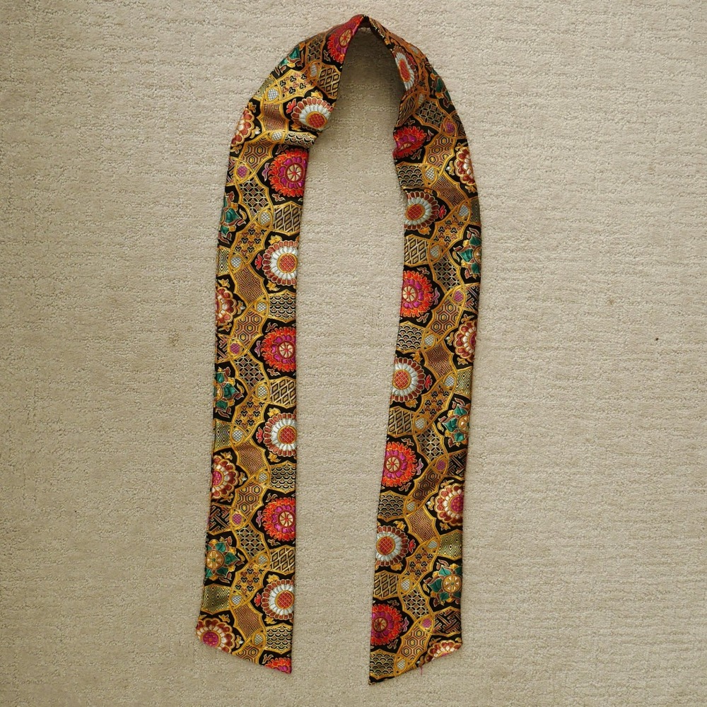 Handmade Japanese Kimono Silk Brocade Sash Skinny Scarf Floral Gold Black 70in